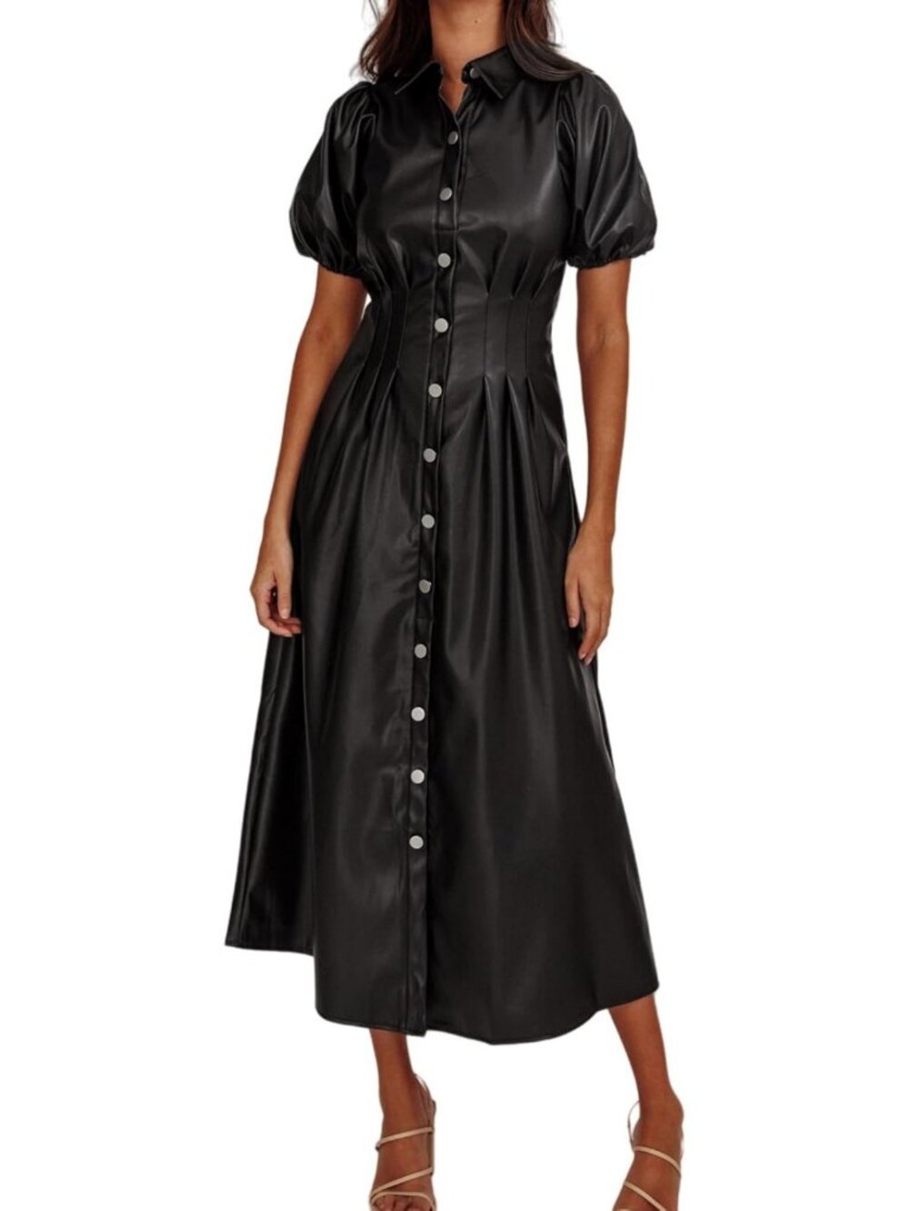 Chic Faux Leather Lapel Midi Dress | Pleated Button Down Short Sleeve A-line